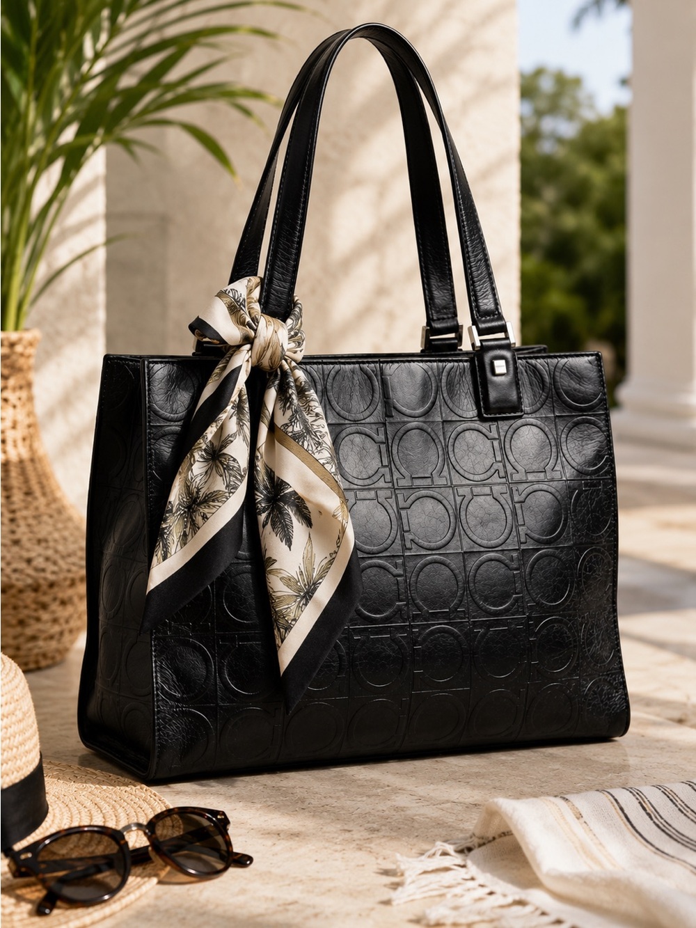 Salvatore Ferragamo Black Leather Zip Pull with silver Hardware
